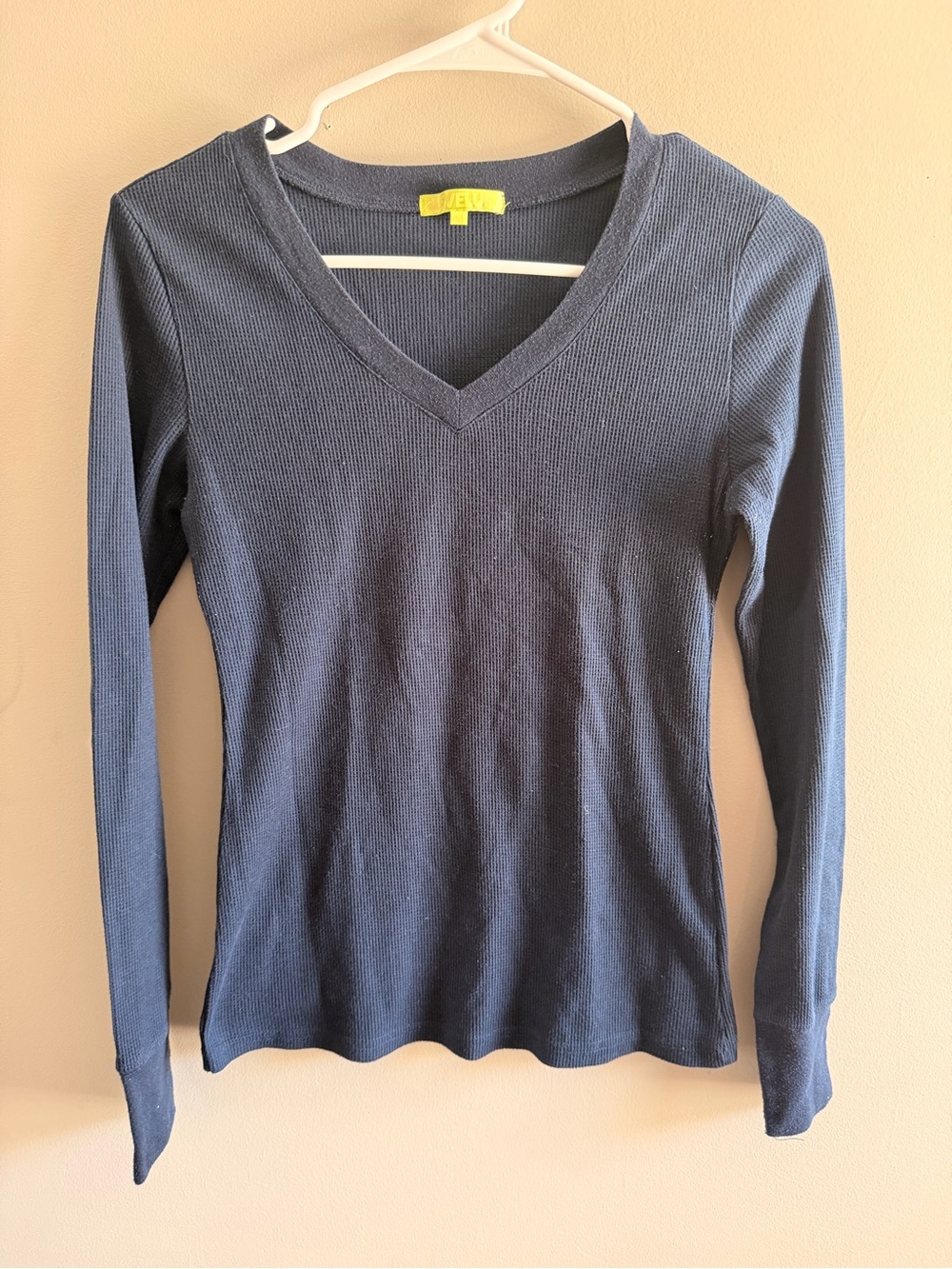 V-Neck Ribbed Long-Sleeve Top - Navy Blue - Picture 1 of 3
